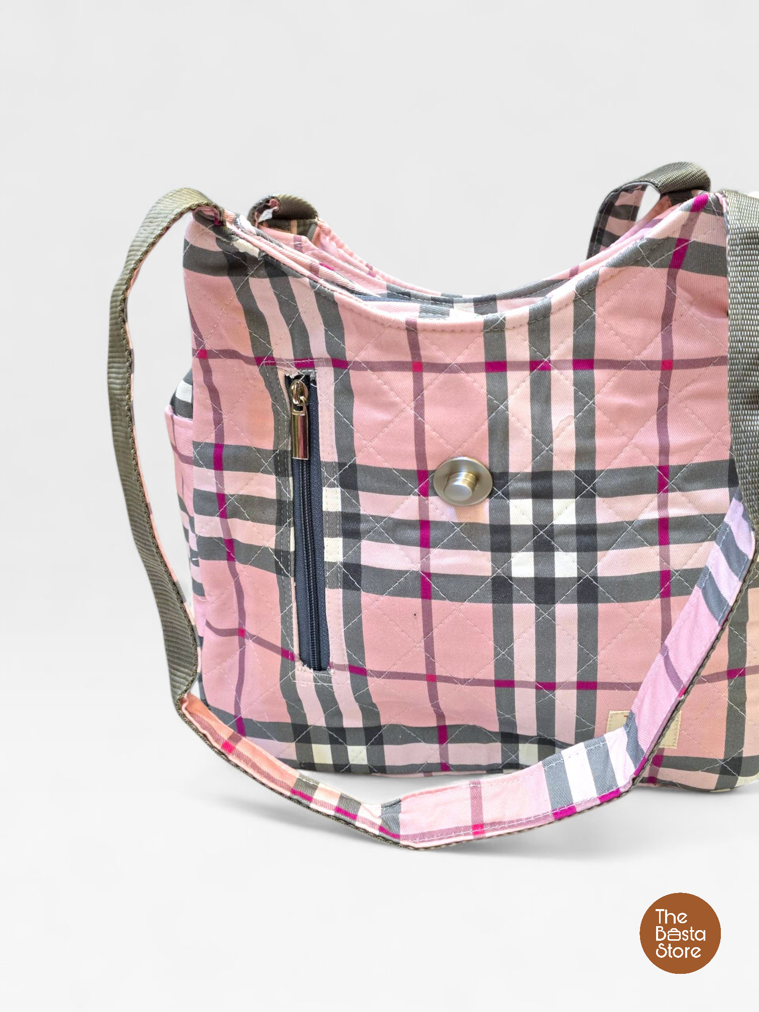 Pink & Grey Check Quilted Shoulder Bag - Image 5