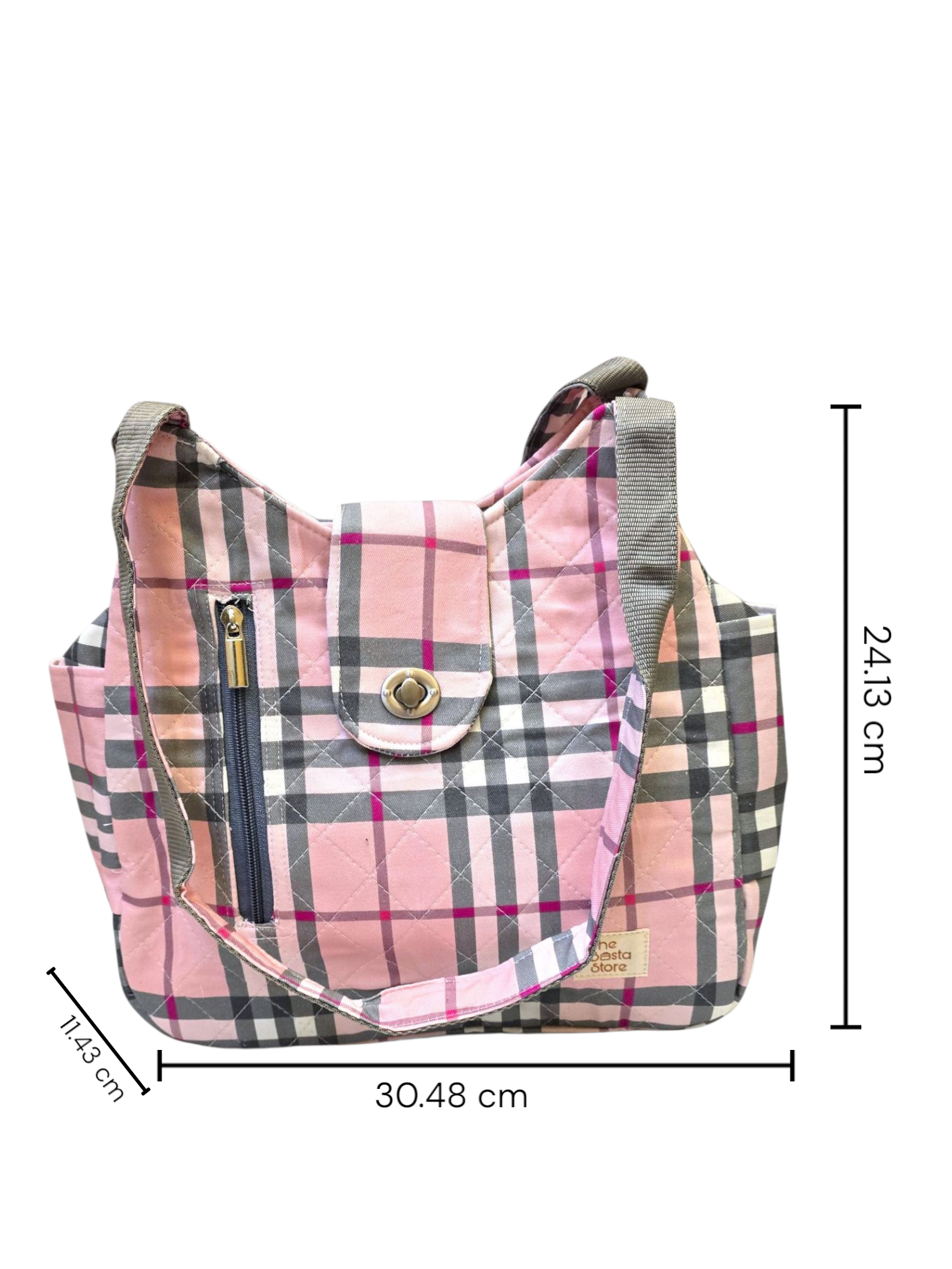 Pink & Grey Check Quilted Shoulder Bag - Image 6